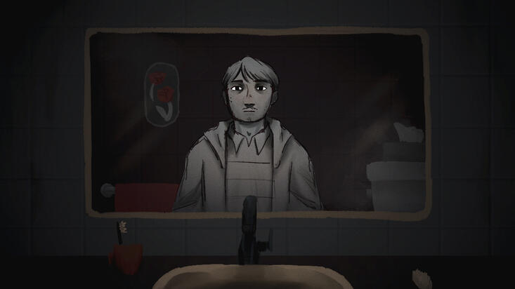 Disheveled male high schooler looking at himself in the mirror.